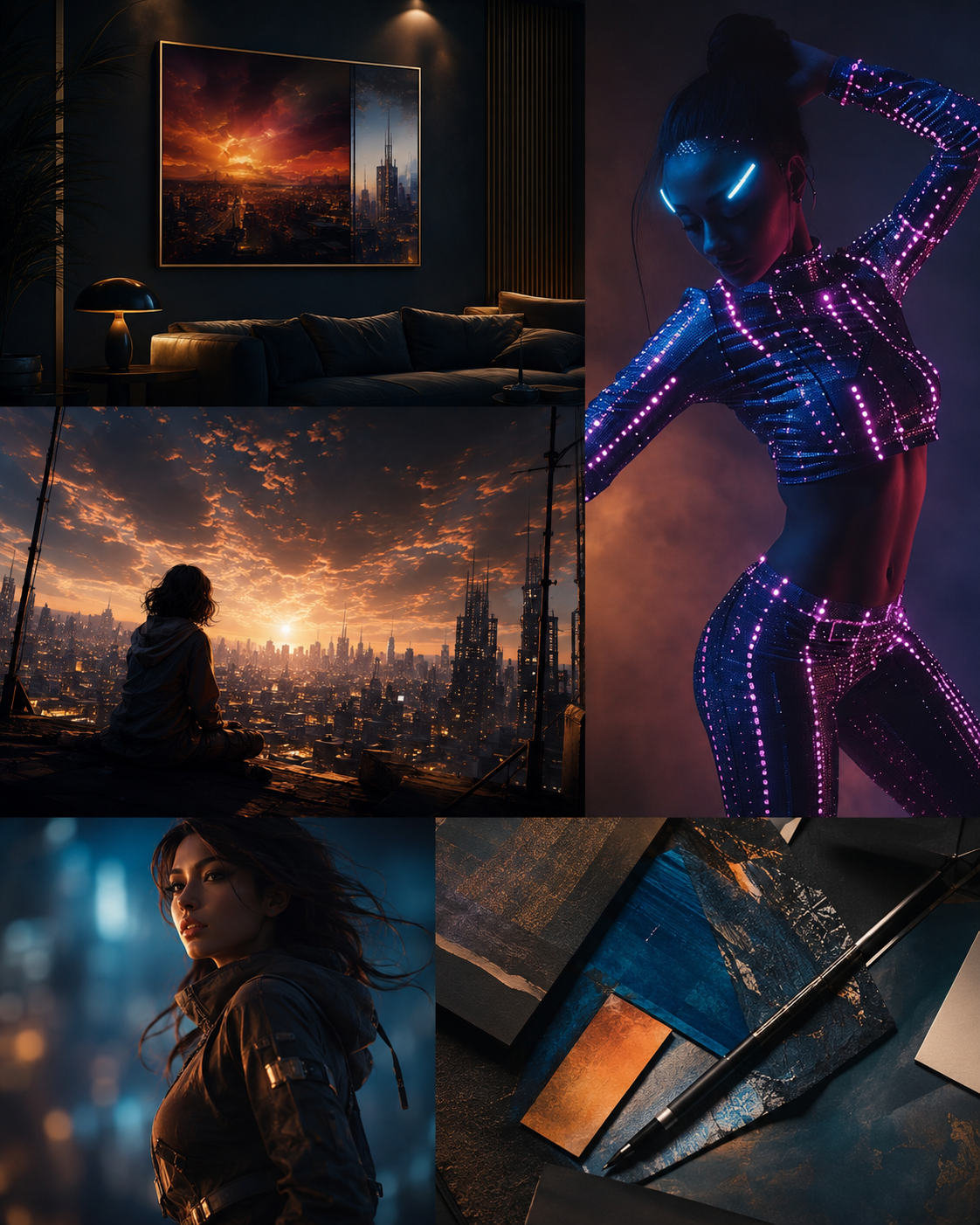 CN Studio about section collage showing interior artwork, costume design, city atmosphere and material samples