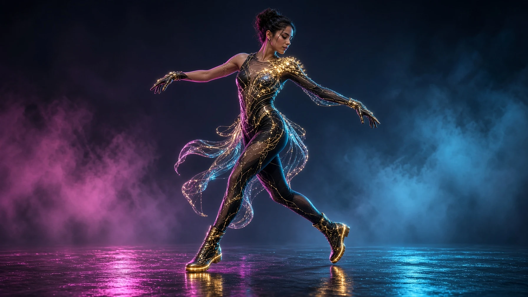 Full-body illuminated performance costume concept for a female dancer