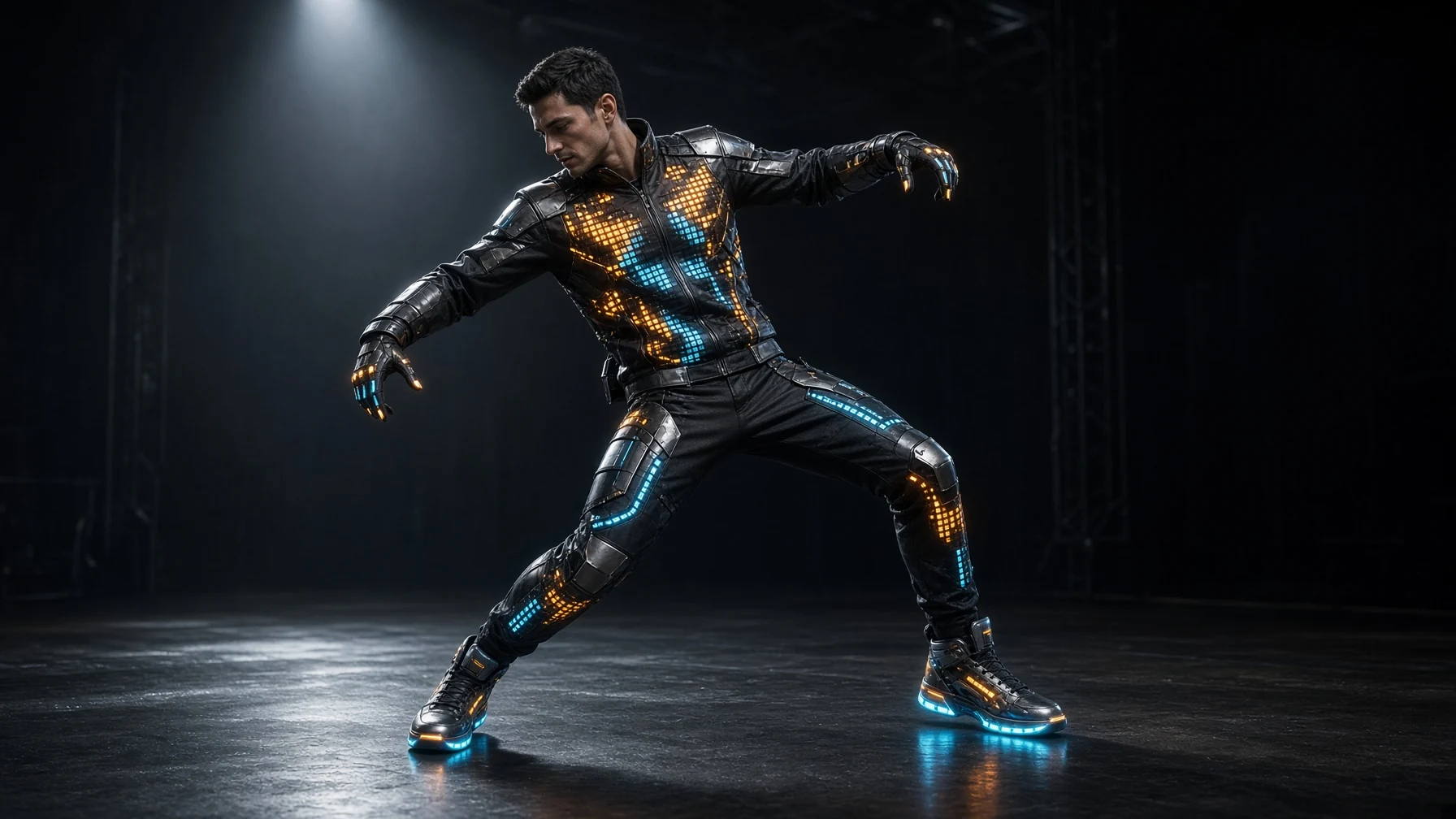 Male dancer wearing full-body LED performance costume concept