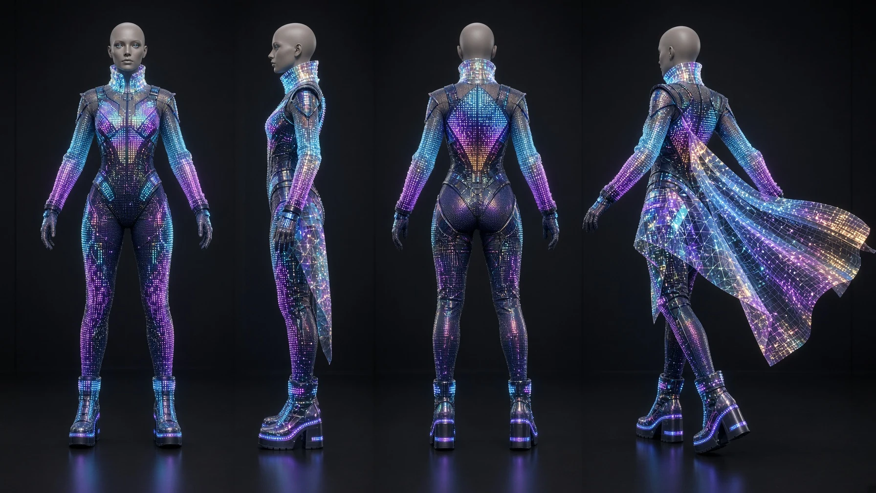 Technical multi-view illuminated costume turnaround showing front side back and flowing cape views
