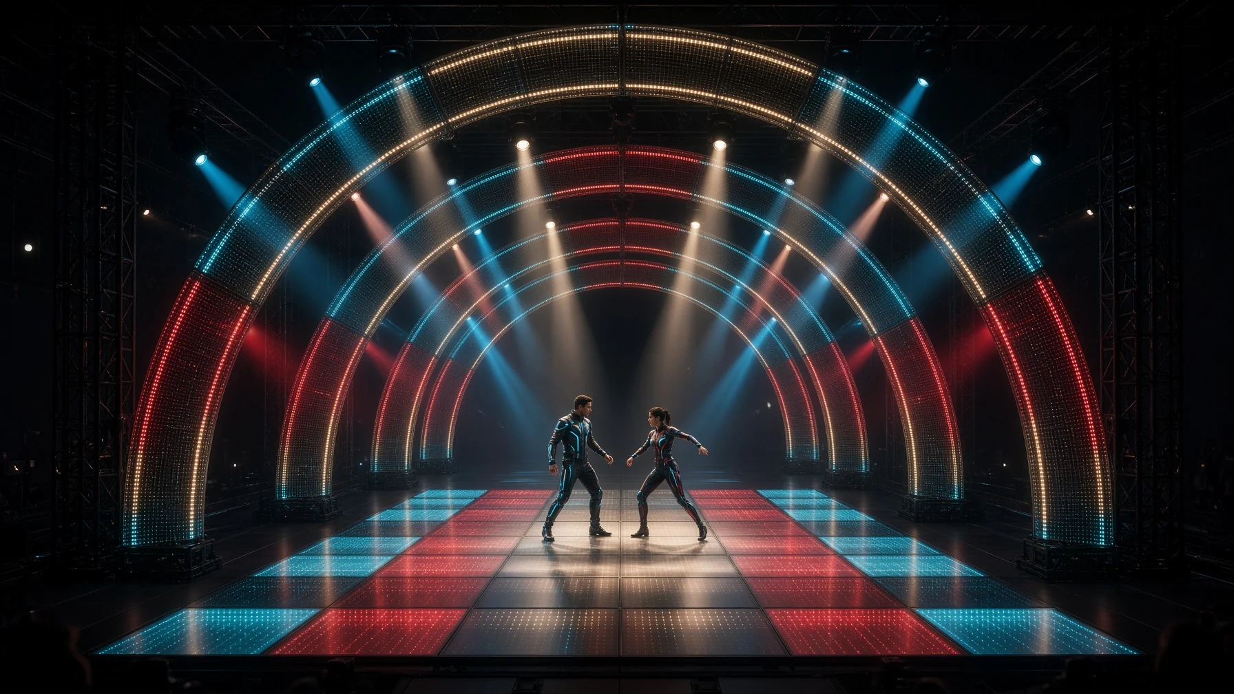 Two dancers on illuminated LED stage design with large light arches