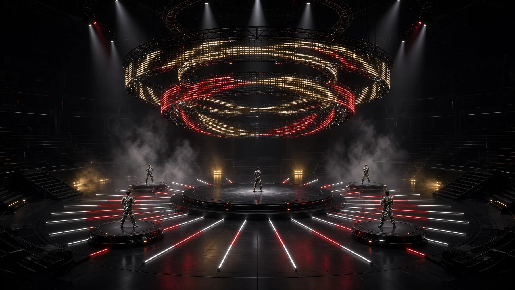 LED stage concept with circular illuminated structures and performer platforms