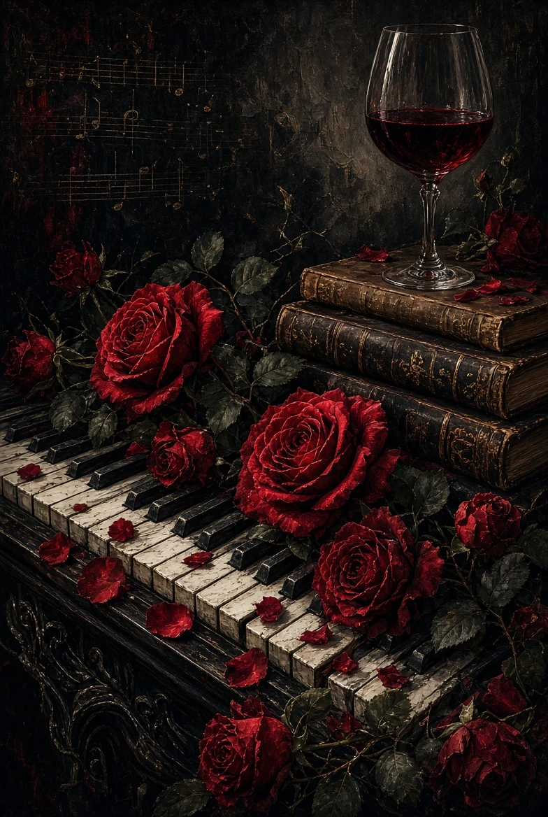 Piano and roses wall artwork sample